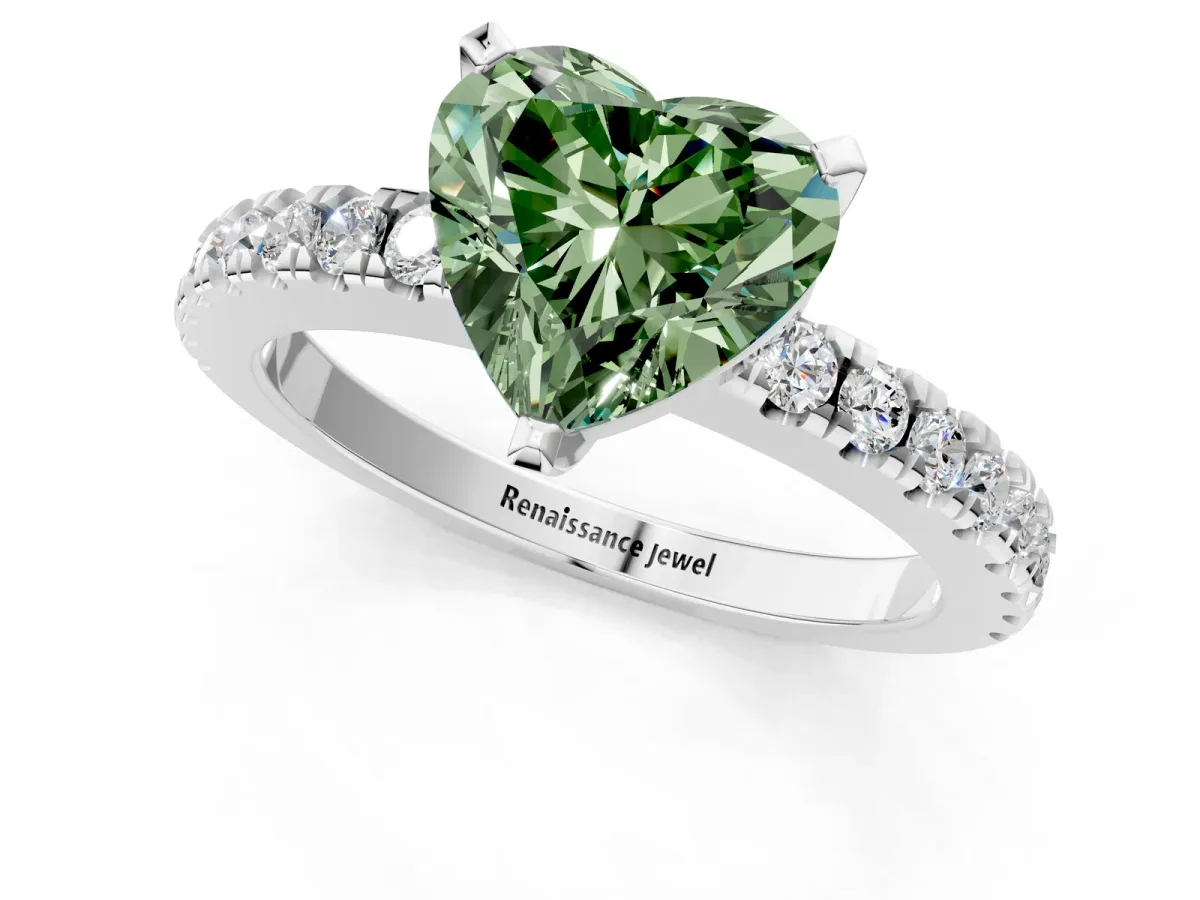 Fancy Green Heart Cut Solitaire Diamond with Pavé Band and Four-Prong Setting Silver