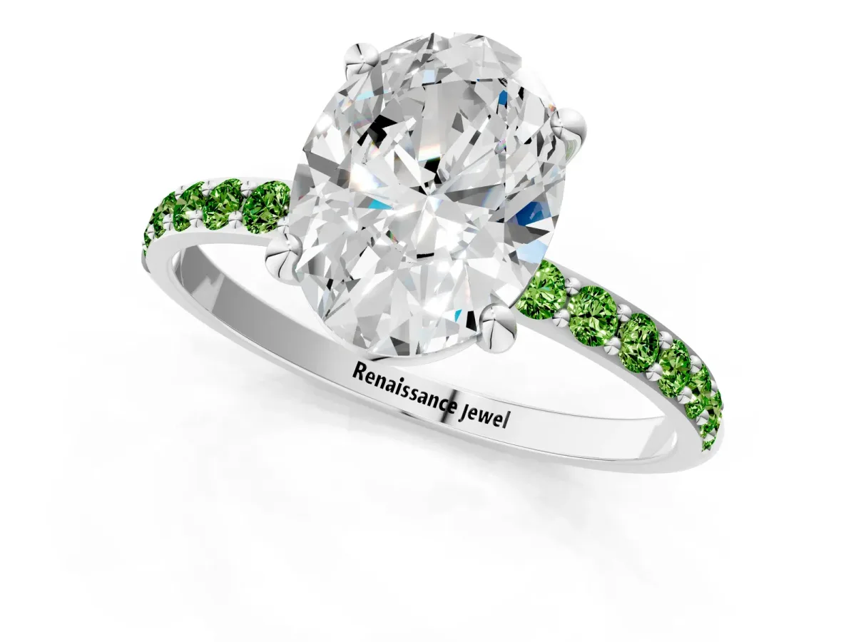 Oval Cut Diamond Solitaire Ring with Round Peridot Pavé Band and Prong Setting Silver