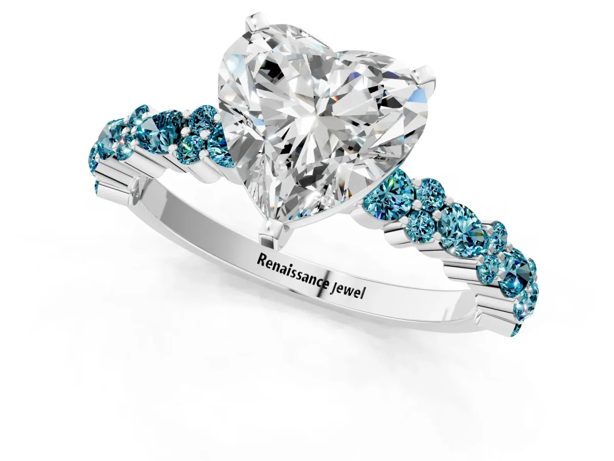 Heart Cut Diamond Side Stone Solitaire Ring with Round Blue Topaz and Four-Prong Setting Silver