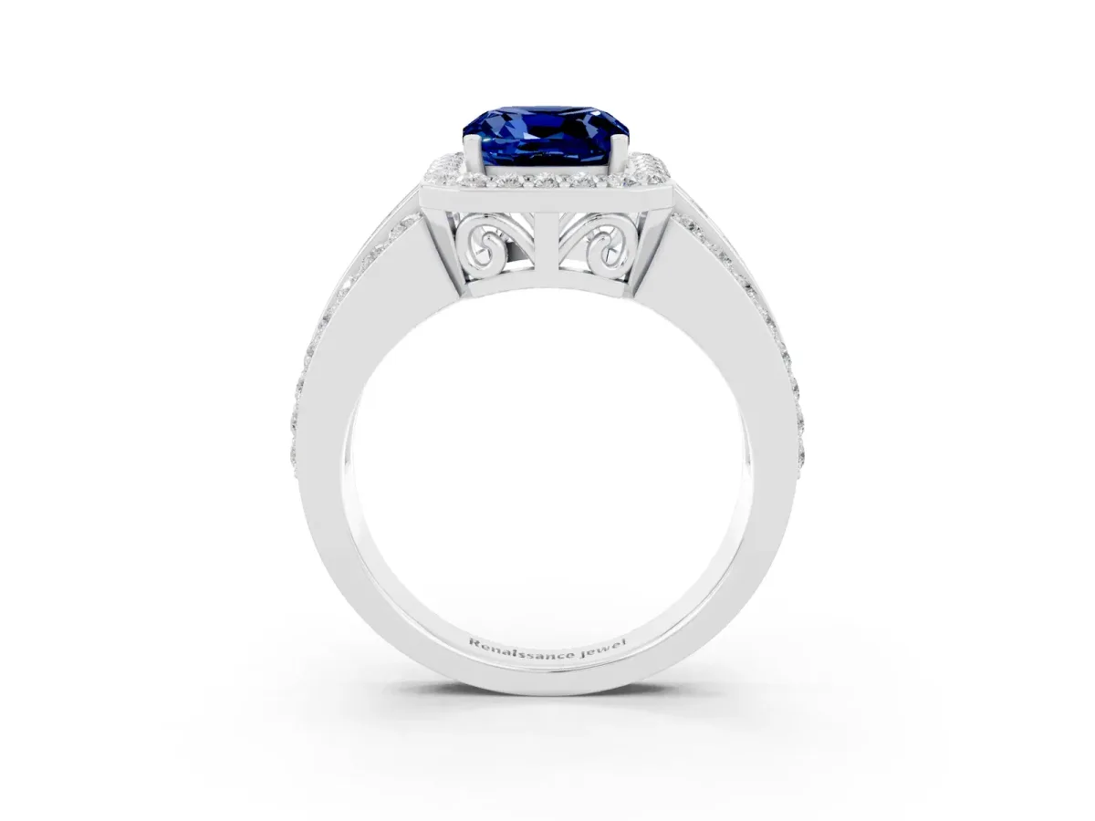 Cushion Cut Halo Blue Sapphire Ring with Round Split Shank and Prong Setting Silver