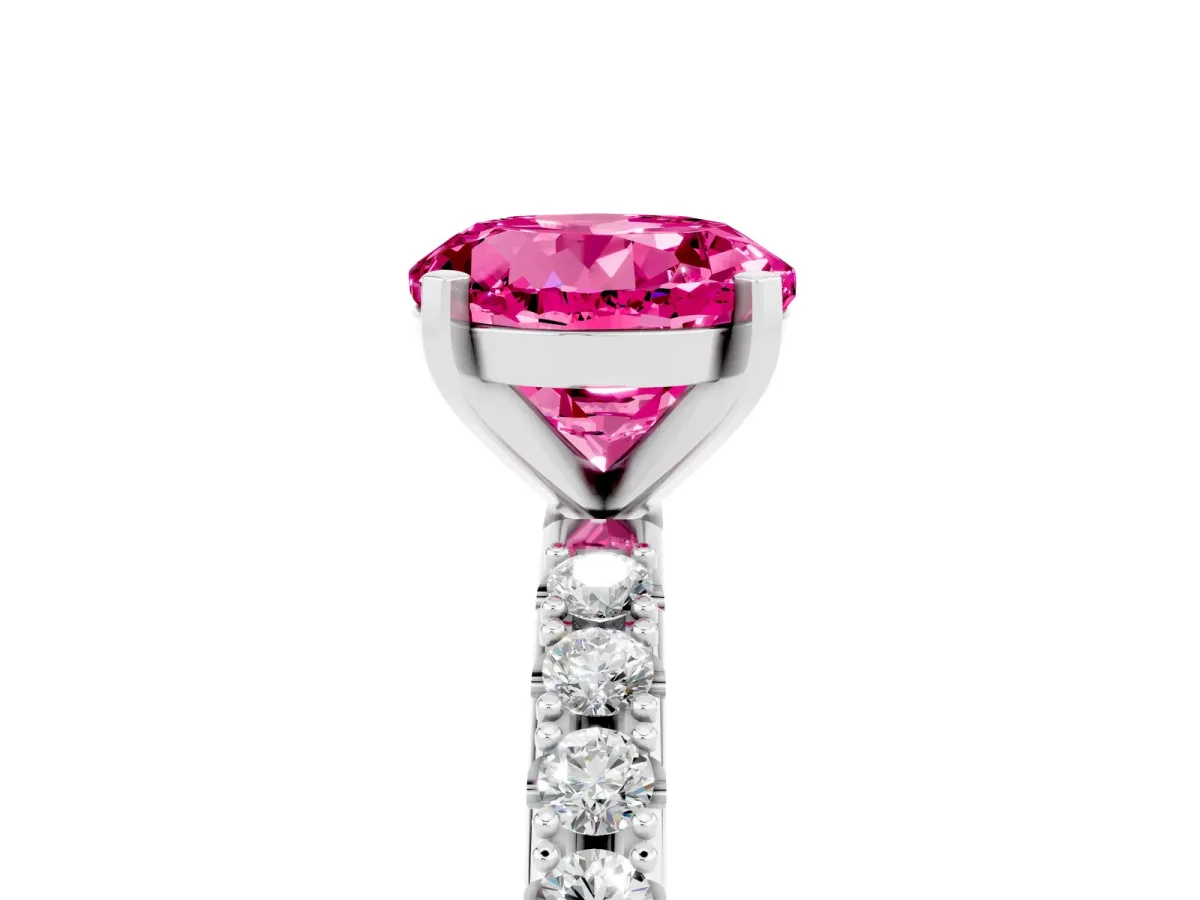 Round Cut Pink Sapphire Solitaire Pavé Band with Four-Prong Setting Silver