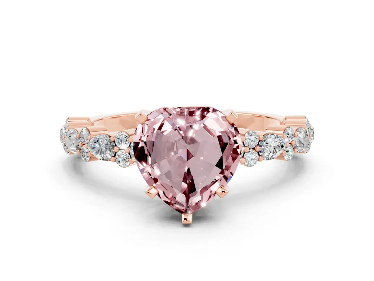 Heart Cut Morganite Side Stone Solitaire Ring with Round and Four-Prong Setting Rose gold