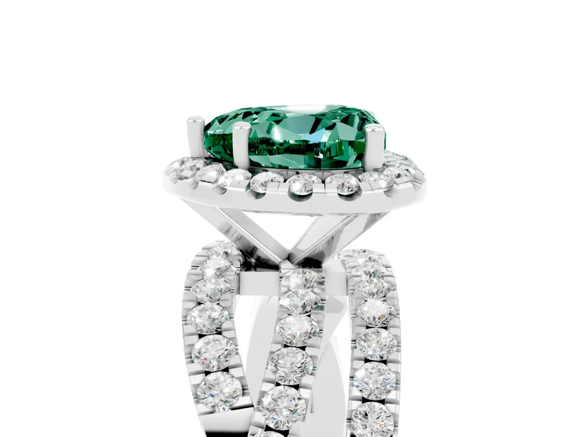 Heart Cut Green Sapphire Halo Ring with Round Split Shank and Prong Setting Platinum
