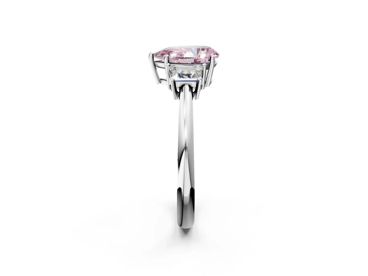 Fancy Pink Pear Cut Diamond Three-Stone Ring with Trapezoid Side Stones and Prong Setting Platinum