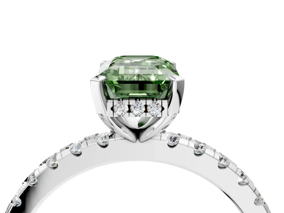 Fancy Green Emerald Cut Diamond Solitaire Ring with Round Pavé Band and Four-Prong Setting Silver