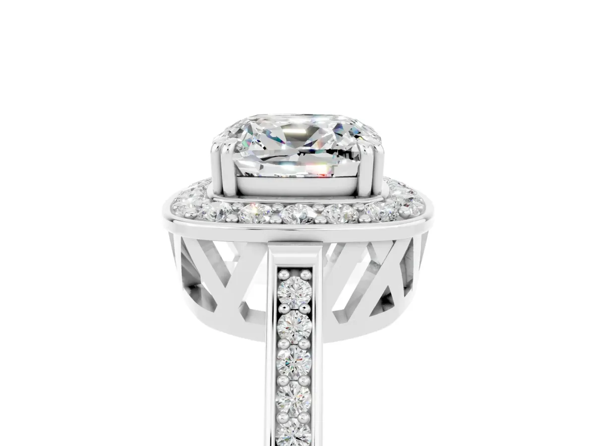 Cushion Cut Moissanite Halo Ring with Split Shank and Four-Prong Setting White gold