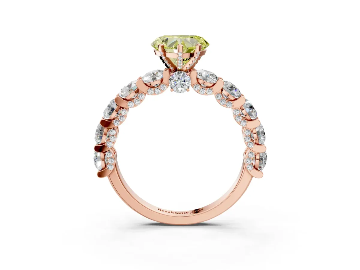 Fancy Yellow Heart Cut Diamond Side Stone Engagement Ring with Four-Prong Setting Rose gold
