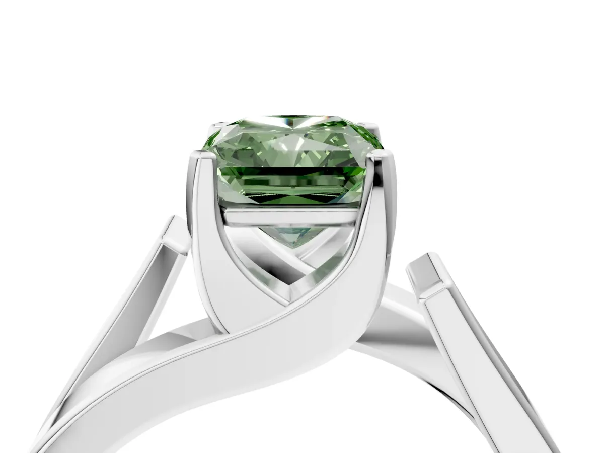 Fancy Green Modern Tension Set Radiant Cut Diamond Solitaire Wide Band Ring Silver