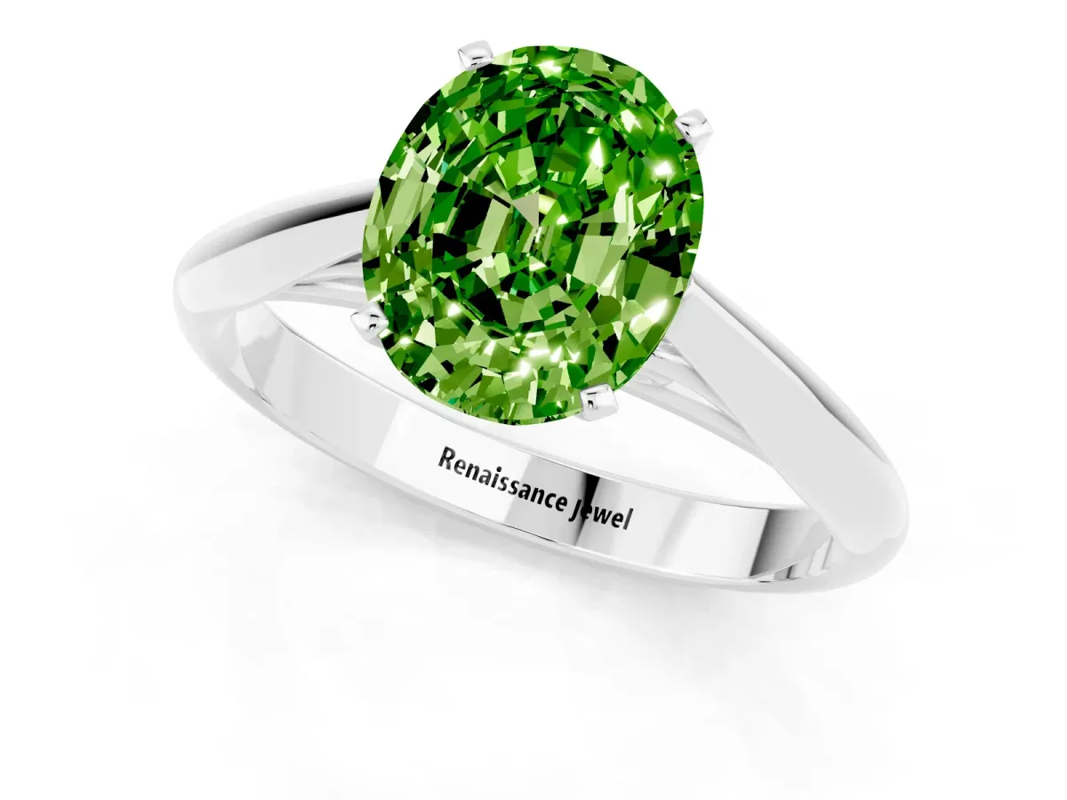 Oval Cut Peridot Solitaire Engagement Ring with Cathedral Setting and Four-Prong Mount White gold