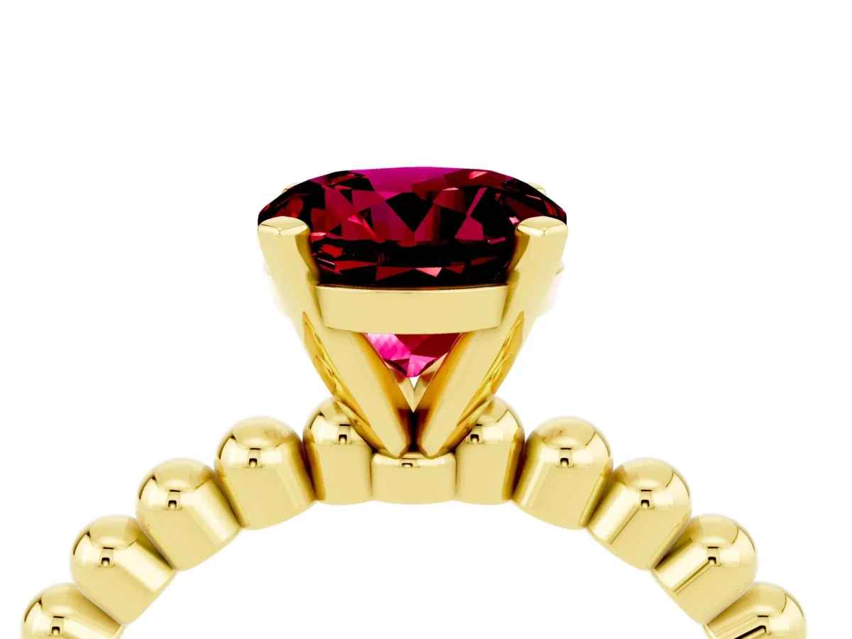 Round Cut Garnet Solitaire Ring with Beaded Band and Prong Setting Yellow gold