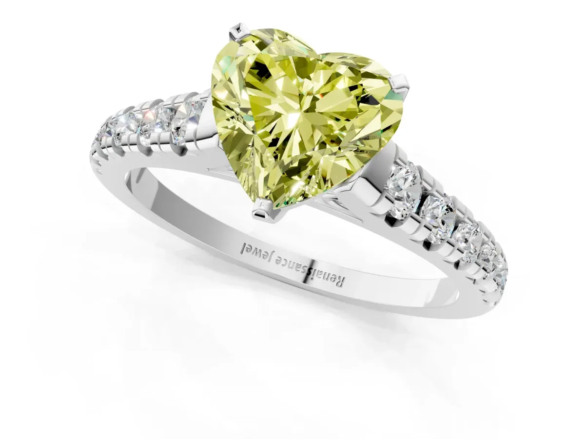 Fancy Yellow Heart Cut Diamond Cathedral Solitaire Ring with Round Pavé Band Silver