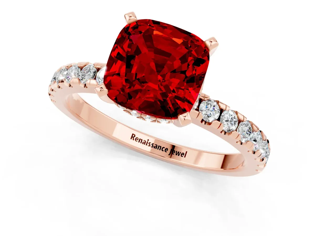 Cushion Cut Ruby Solitaire Ring with Round Pavé Band and Four-Prong Setting Rose gold