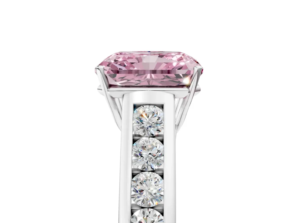 Fancy Pink Radiant Cut Solitaire Channel-Set Diamond Engagement Ring with Four-Prong Setting Platinum