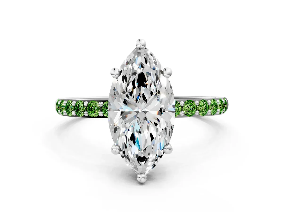 Marquise Cut Diamond Solitaire Ring with Round Peridot Pavé Band and Prong Setting Silver