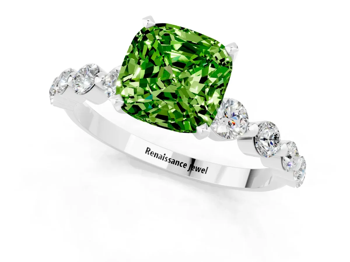 Cushion Cut Solitaire Peridot Ring with Pave Band and Four-Prong Setting Silver