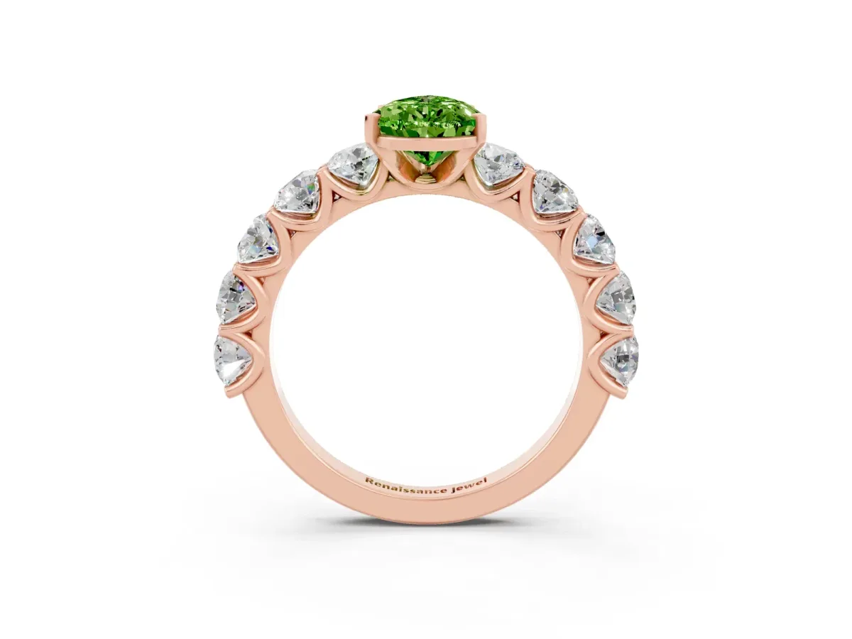 Pear Cut Peridot Prong Setting with Side Stones on a Pave Band Rose gold