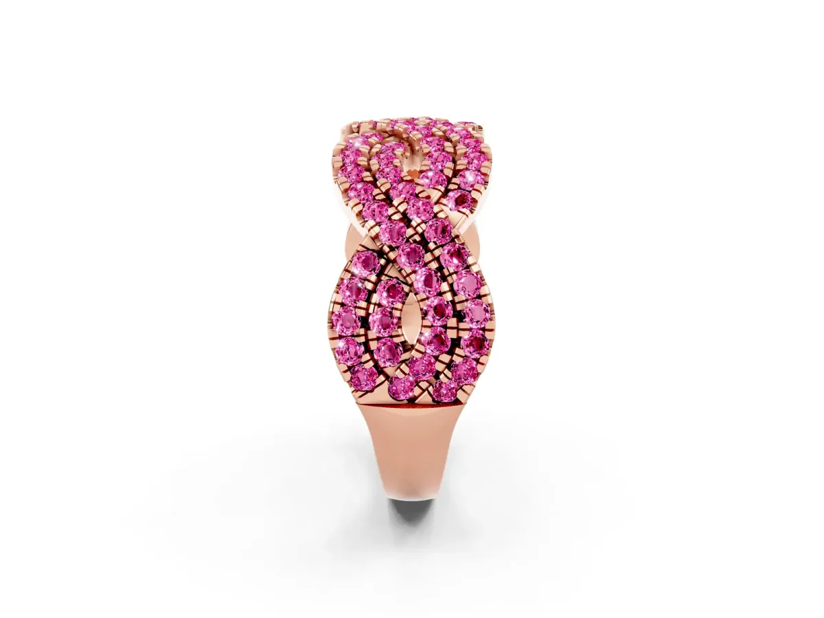 Pavé Round Pink Sapphire Infinity Twist Band with Shared Prong Setting Rose gold