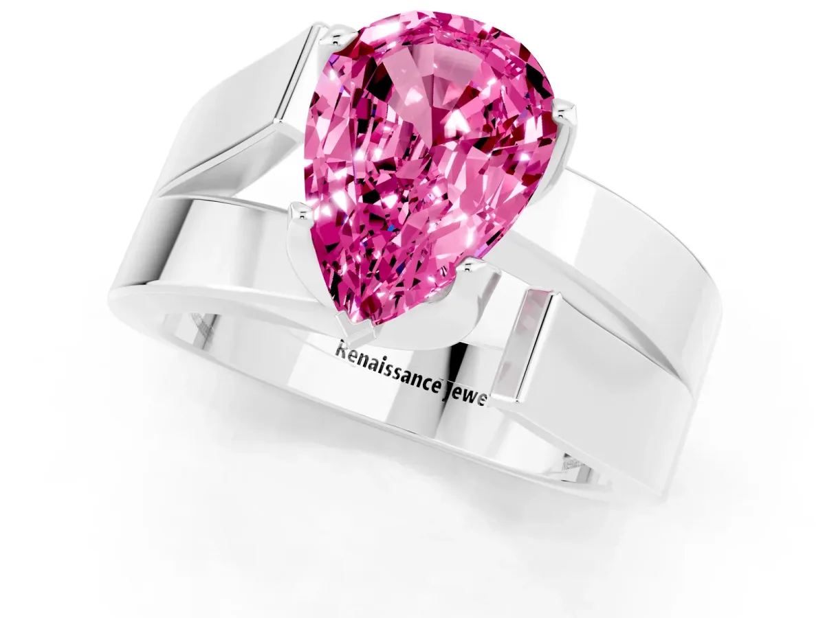 Modern Tension Set Pear Cut Pink Sapphire Solitaire Wide Band Ring Silver