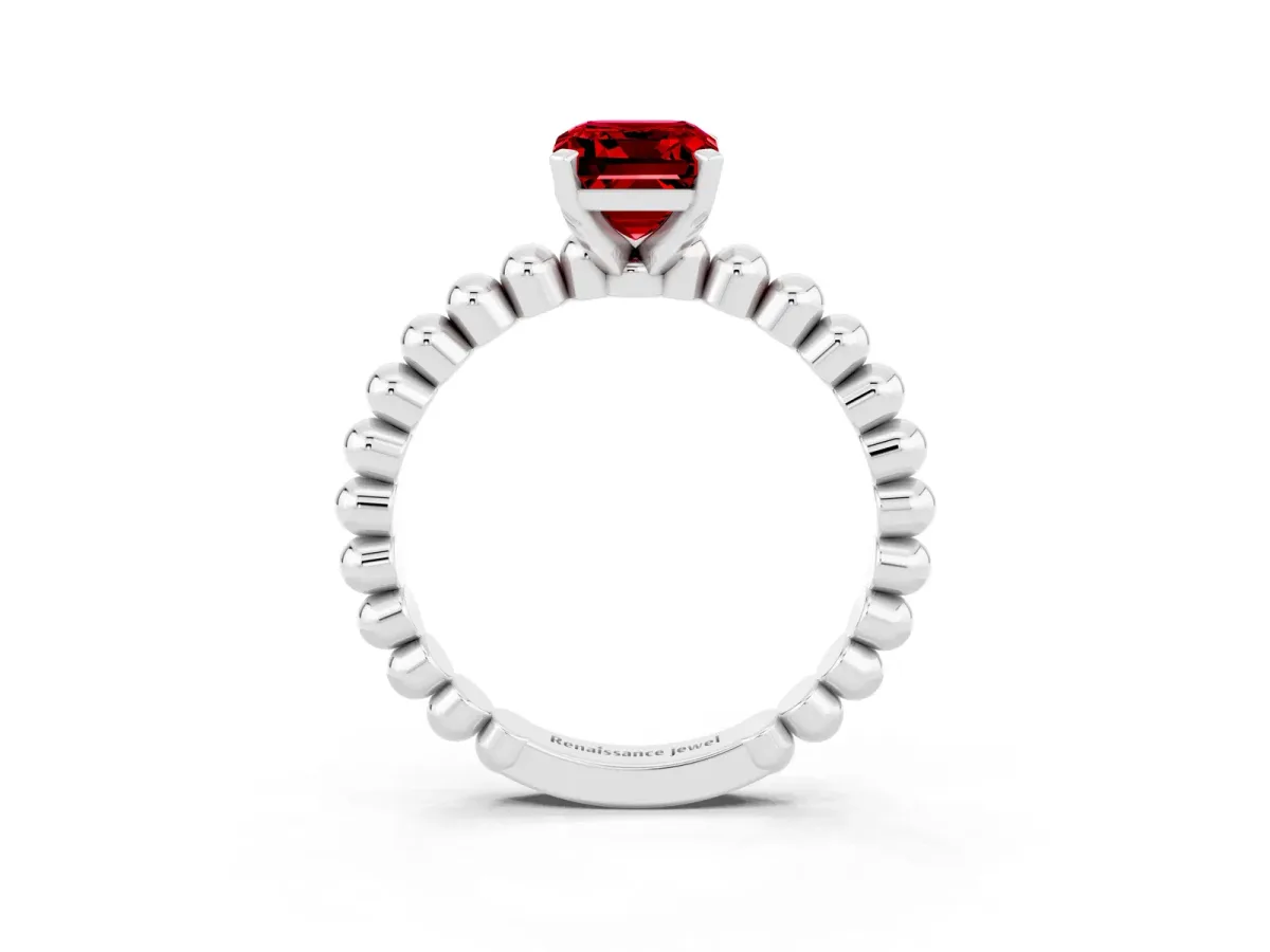 Emerald Cut Ruby Solitaire Ring with Beaded Band and Prong Setting Silver