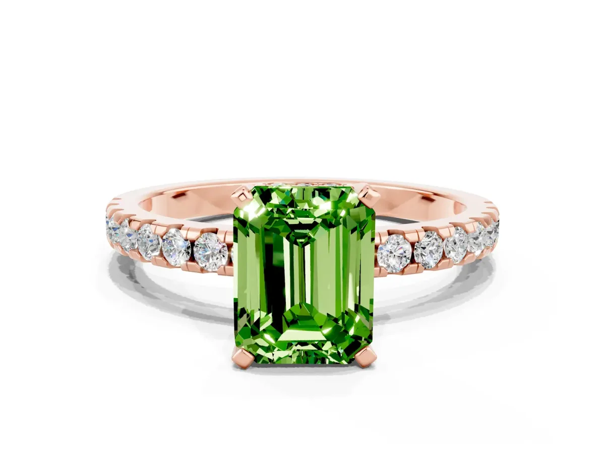Emerald Cut Peridot Solitaire Ring with Round Pavé Band and Four-Prong Setting Rose gold