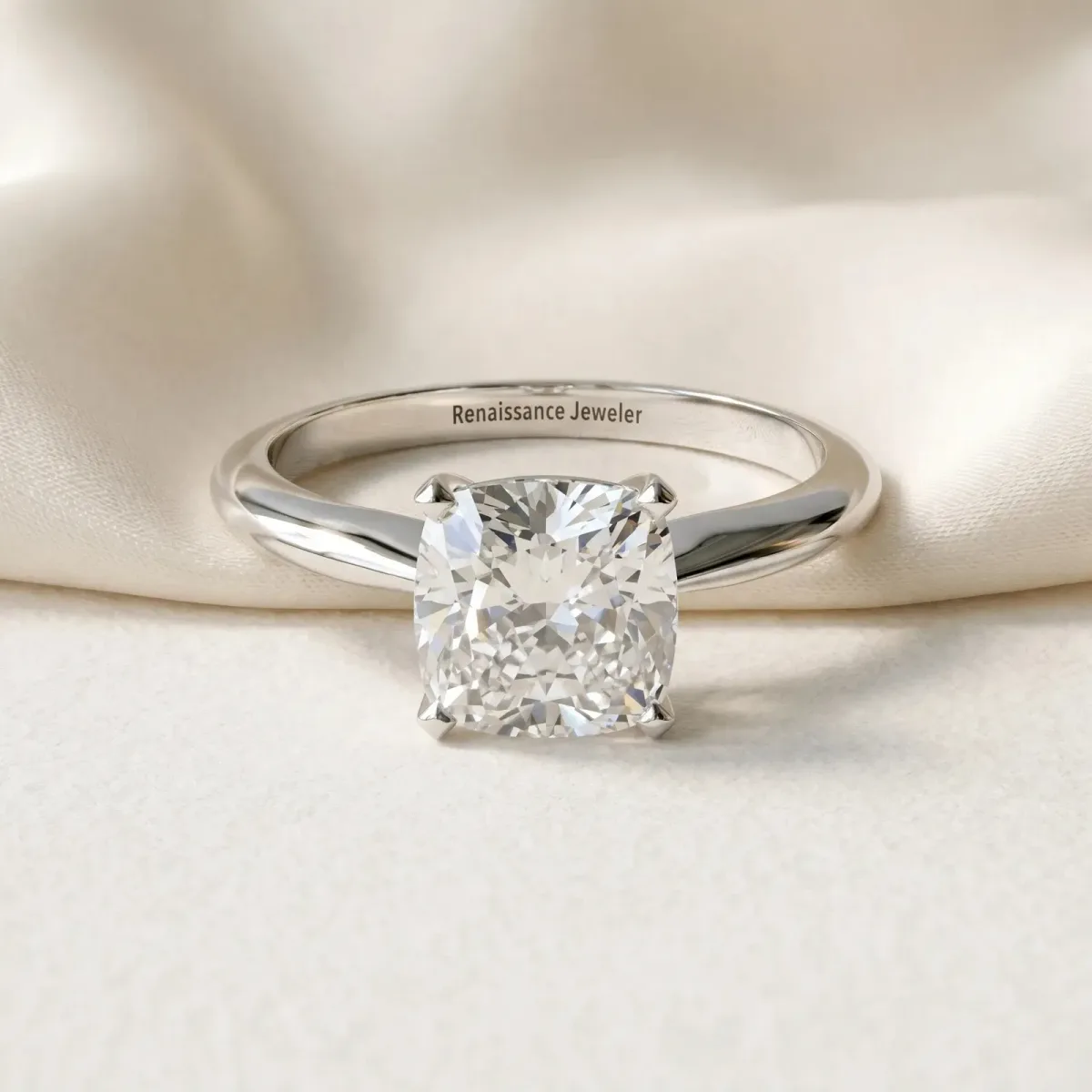 Cushion Cut Diamond Solitaire Engagement Ring with Classic Band and Four-Prong Setting Silver