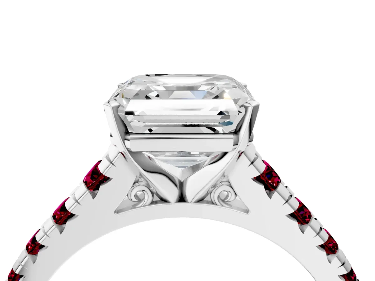 Asscher Cut Diamond Cathedral Solitaire Ring with Round Garnet Pavé Band Silver
