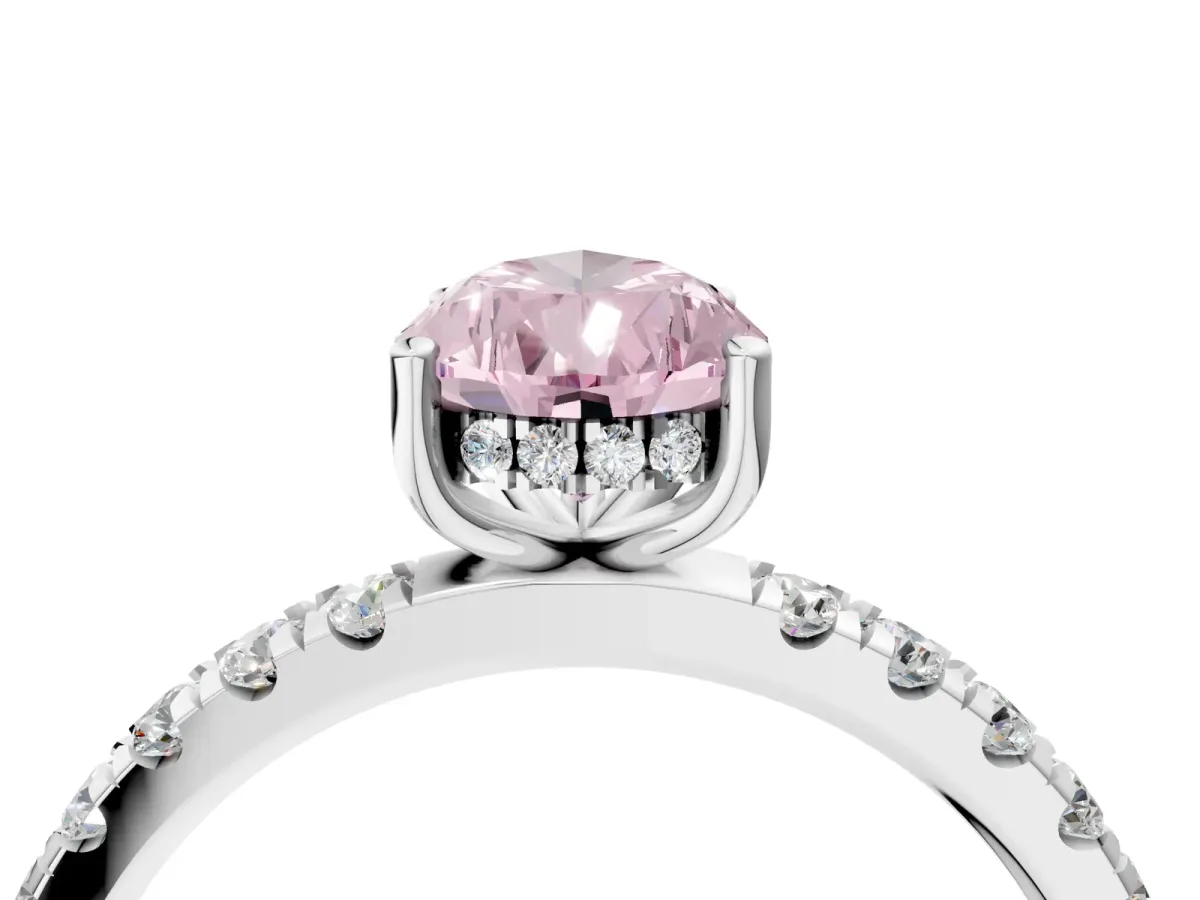 Fancy Pink Pear Cut Diamond Pave Band Solitaire Ring with Round and Prong Setting White gold