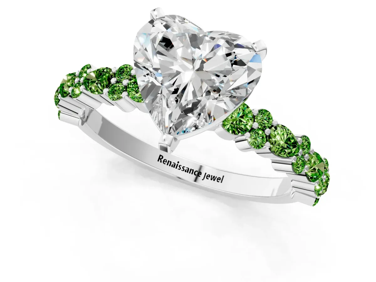 Heart Cut Diamond Side Stone Solitaire Ring with Round Peridot and Four-Prong Setting Platinum