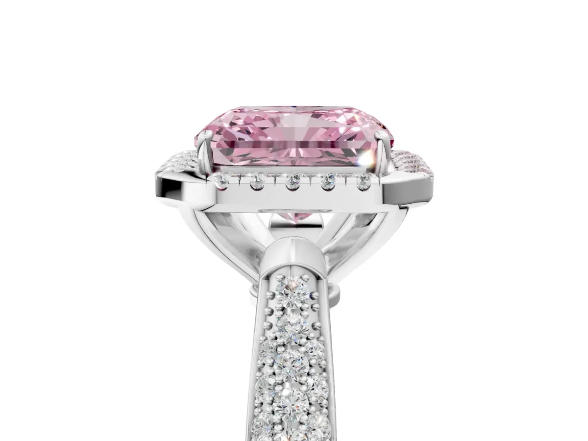 Fancy Pink Radiant Cut Halo Diamond Ring with Pavé Band Platinum
