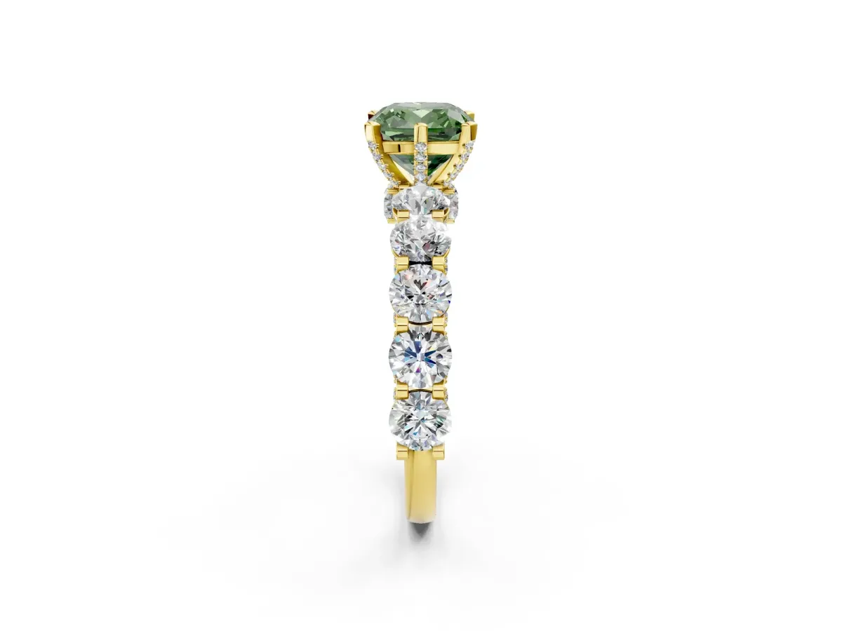 Fancy Green Cushion Cut Diamond Side Stone Engagement Ring with Four-Prong Setting Yellow gold