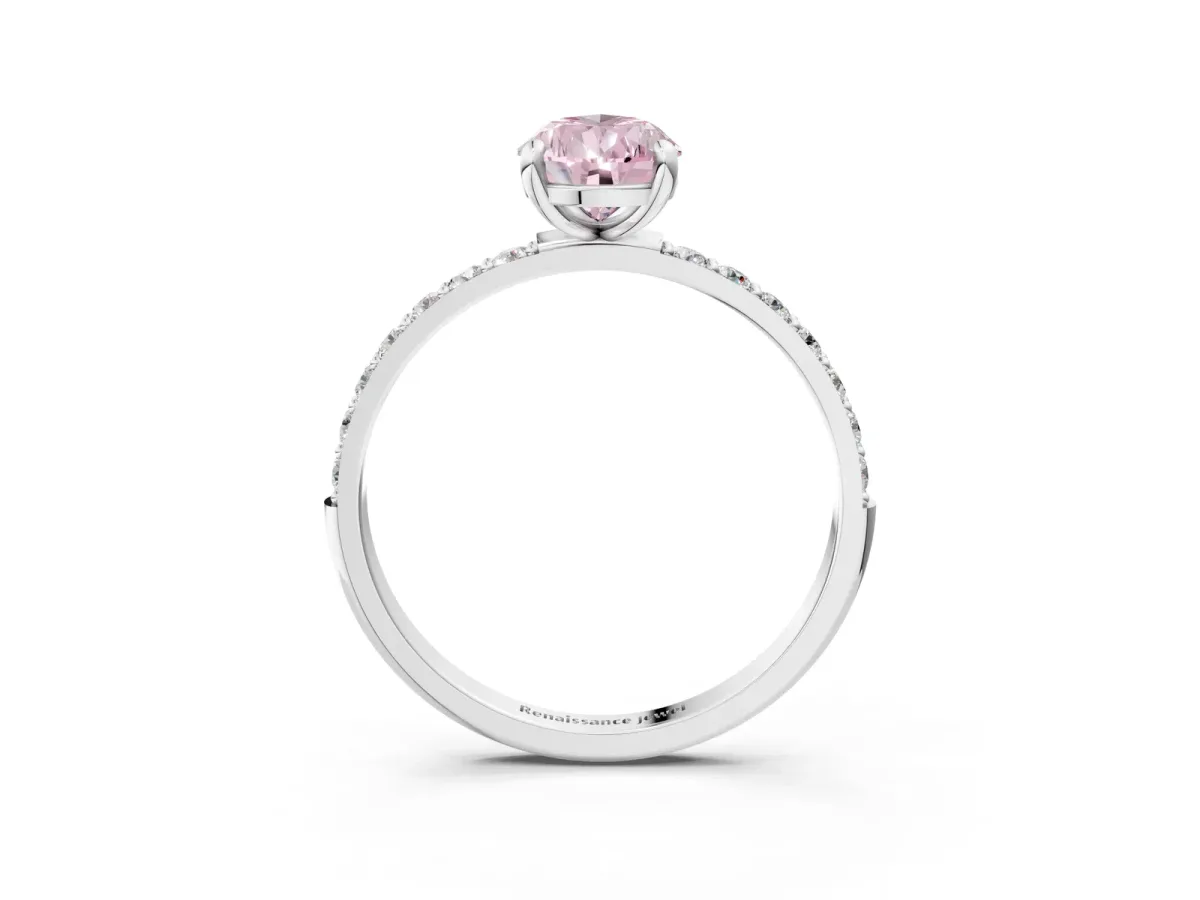 Fancy Pink Pear Cut Diamond Solitaire Ring with Round Pavé Band and Prong Setting Silver