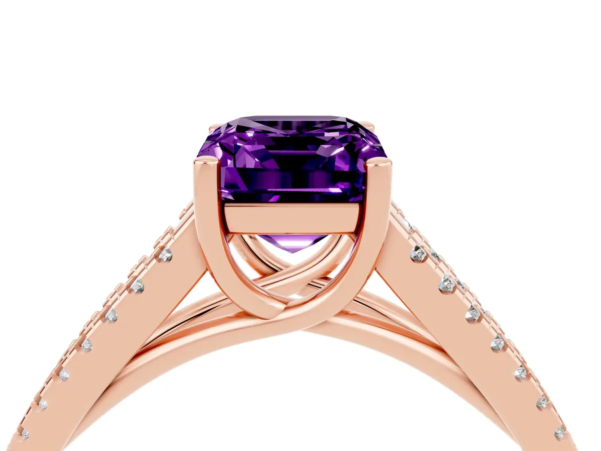 Emerald Cut Amethyst Solitaire Engagement Ring with Split Shank Pavé Band Rose gold