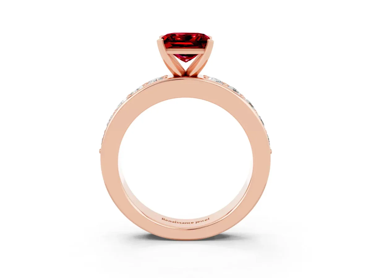 Princess Cut Ruby Engagement Ring with Channel Set Round Band and Prong Setting Rose gold