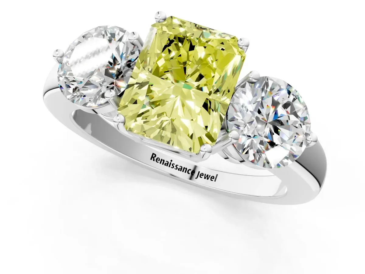 Fancy Yellow Radiant Cut Diamond Three-Stone Ring with Prong Setting and Classic Band Platinum