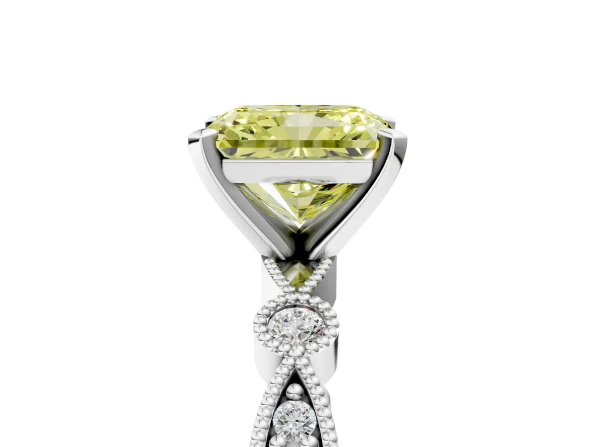 Fancy Yellow Radiant Cut Milgrain Bezel Diamond Engagement Ring with Solitaire Prong Setting Platinum
