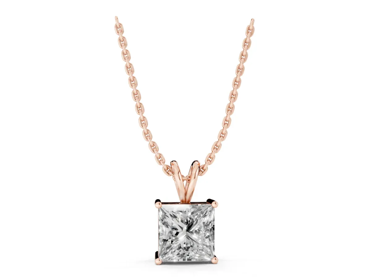 Princess Diamond Solitaire Pendant with Four Prong Setting Rose gold