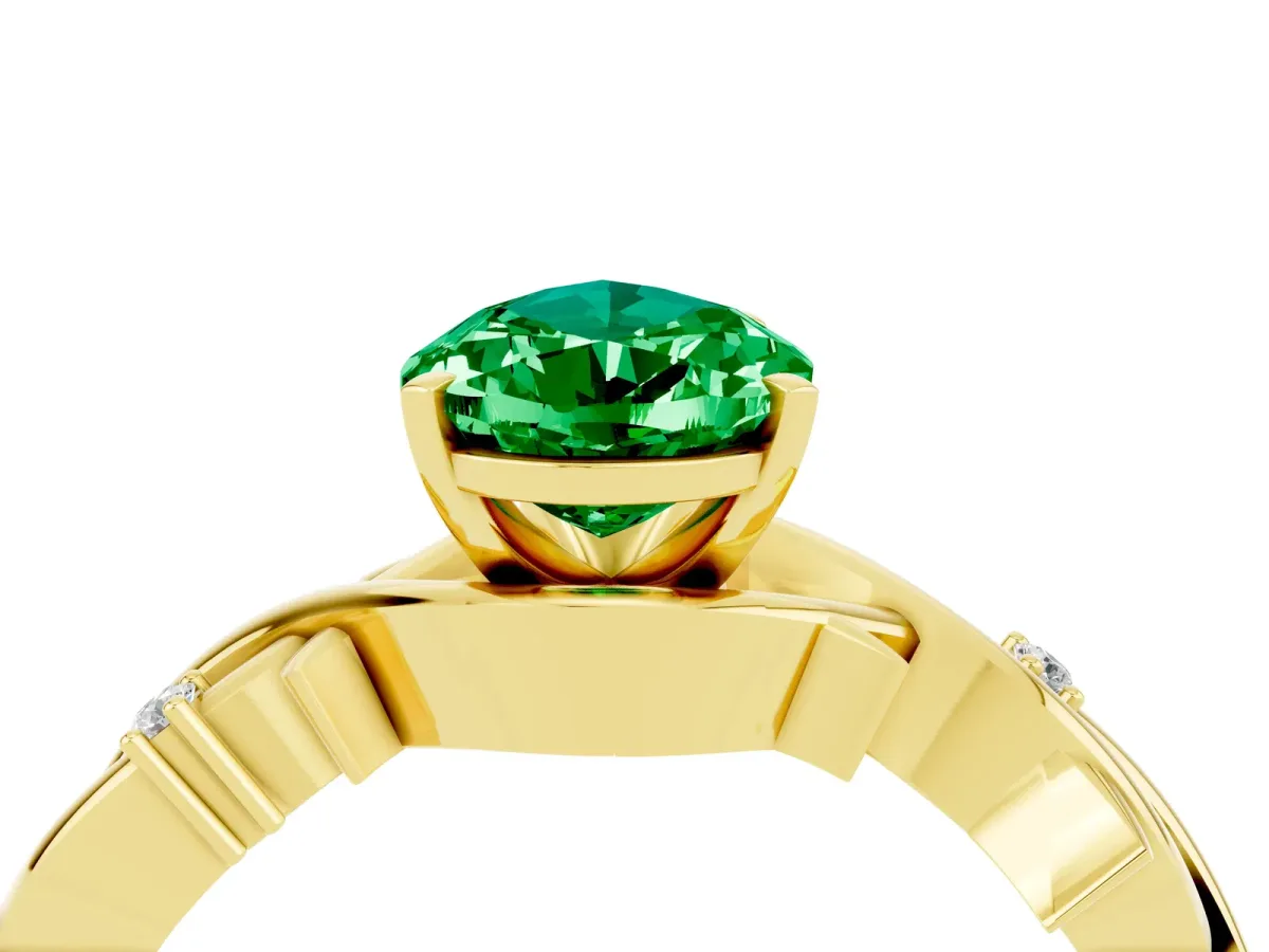 Pear Cut Emerald Solitaire Ring with Twisted Band and Prong Setting Yellow gold