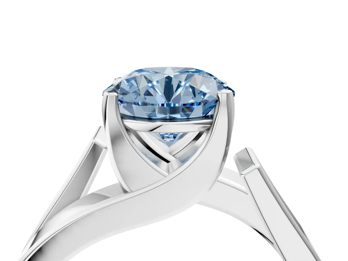 Fancy Blue Modern Tension Set Round Cut Diamond Solitaire Wide Band Ring Platinum