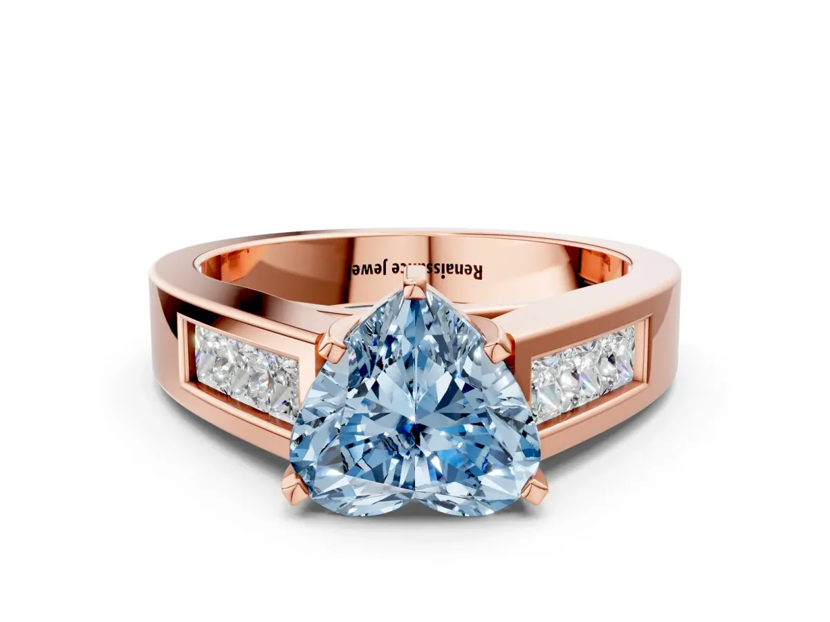 Fancy Blue Heart Cut Cut Channel Set Solitaire Ring with Four-Prong Setting Rose gold
