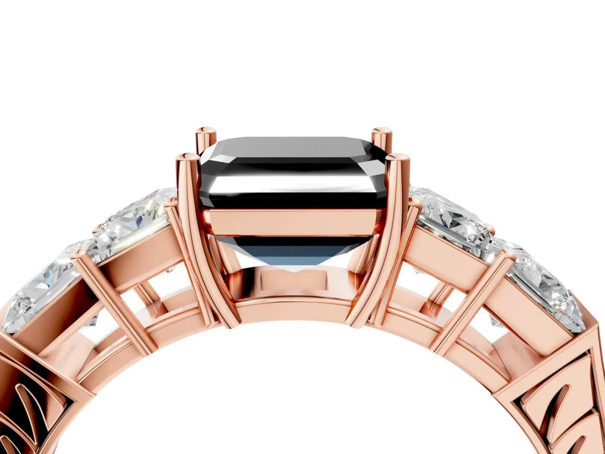 Fancy Black Asscher Cut Solitaire Princess Side Stone Engraved Band Prong Setting Ring Rose gold