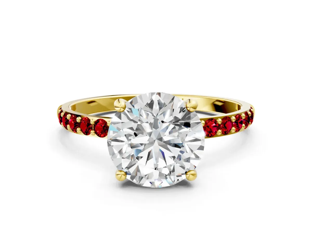Round Cut Diamond Solitaire Ring with Round Ruby Pavé Band and Prong Setting Yellow gold