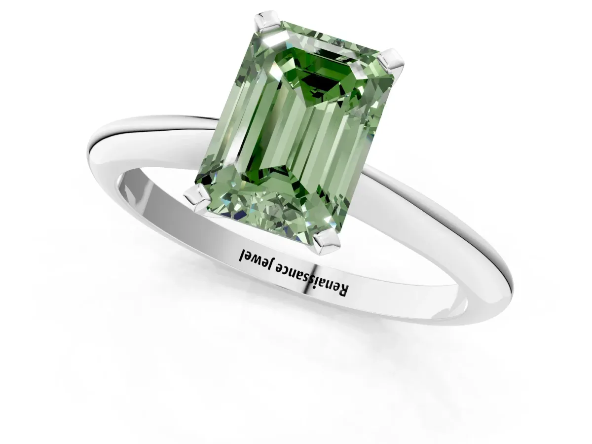 Fancy Green Emerald Cut Diamond Solitaire Engagement Ring with Classic Band and Four-Prong Setting Silver