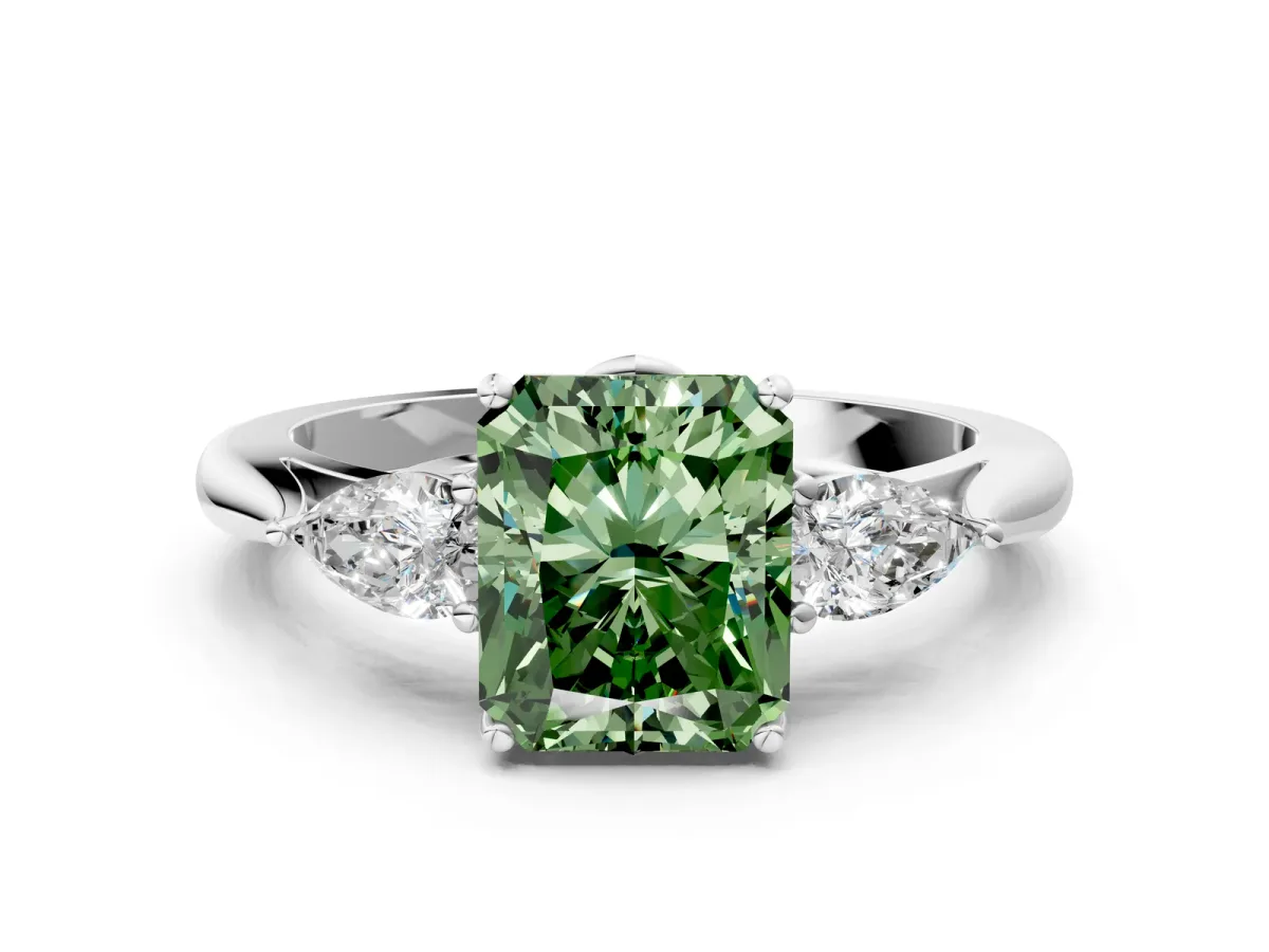 Fancy Green Three-Stone Radiant Cut Diamond Ring with Pear Side Stones in Four-Prong Setting Platinum