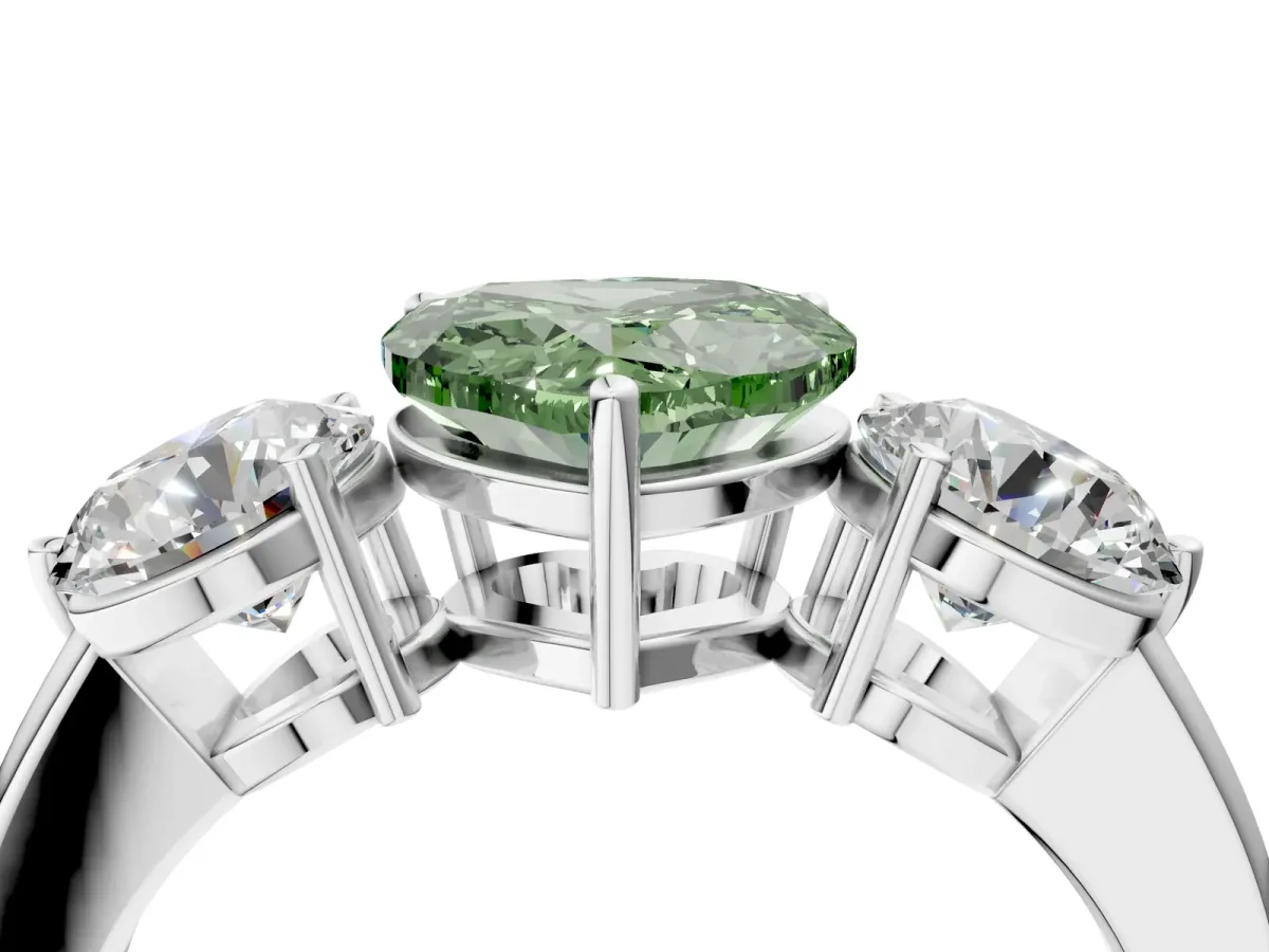 Fancy Green Heart Cut Diamond Three-Stone Ring with Prong Setting and Classic Band Platinum