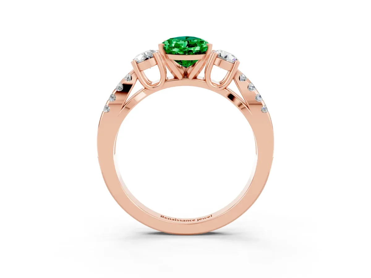 Pear Cut Emerald Three-Stone Ring with Pavé Split Shank and Four-Prong Setting Rose gold