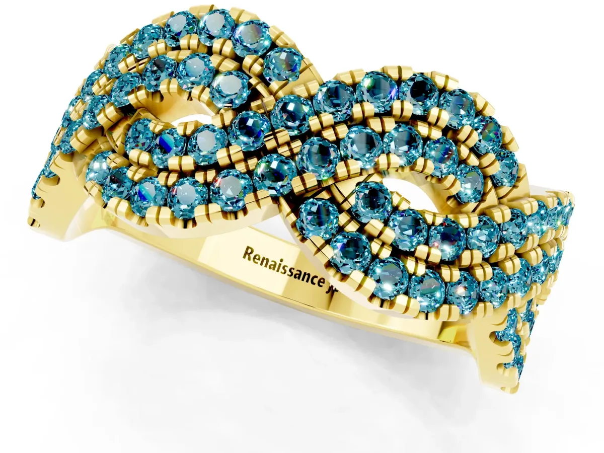 Pavé Round Blue Topaz Infinity Twist Band with Shared Prong Setting Yellow gold
