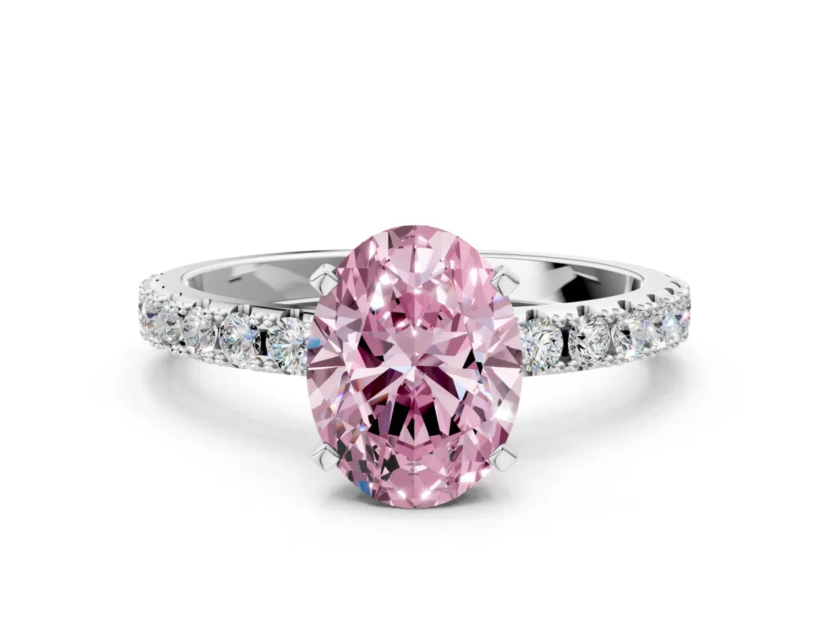 Fancy Pink Oval Cut Diamond Solitaire Pavé Band with Four-Prong Setting Silver