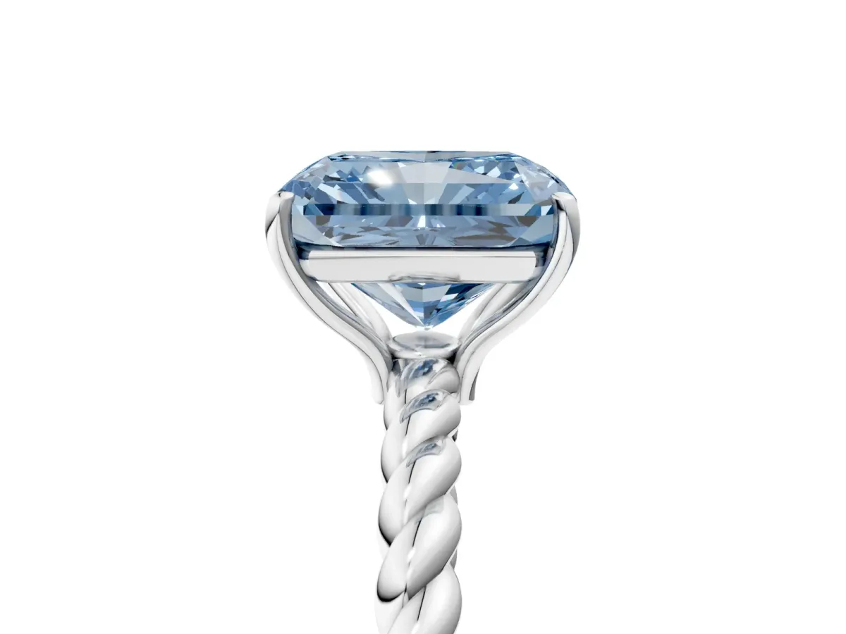 Fancy Blue Radiant Cut Solitaire Twisted Band 4-Prong Ring Platinum