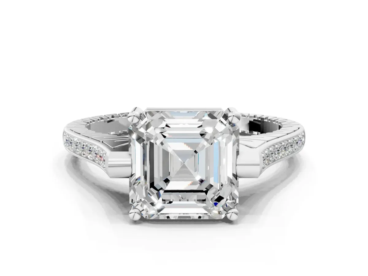 Asscher Cut Solitaire Diamond Ring with Channel Set Band and Bezel Prong Setting Platinum