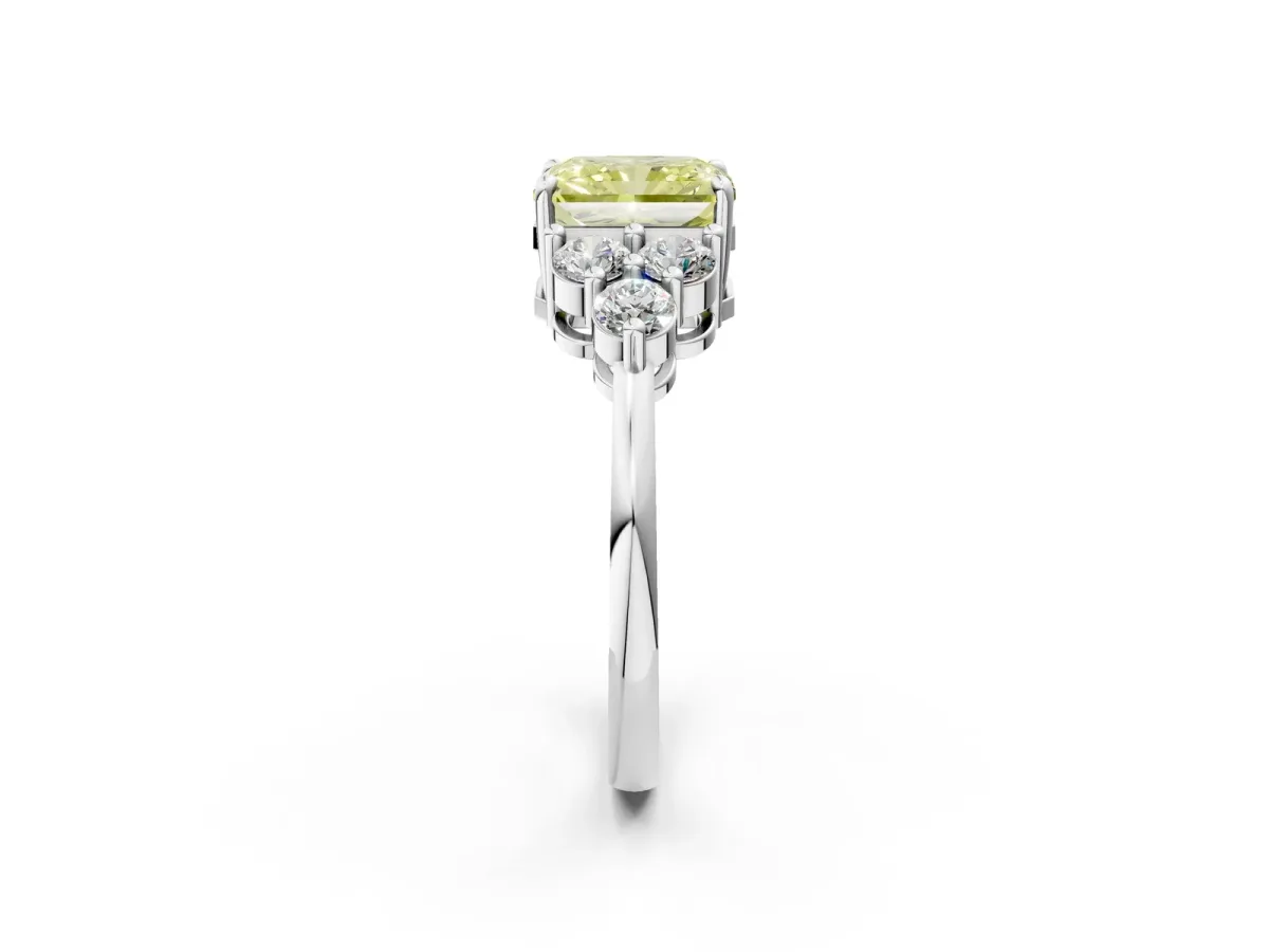 Fancy Yellow Radiant Cut Brilliant Diamond Cluster Accent Solitaire Ring with Prong Setting Platinum